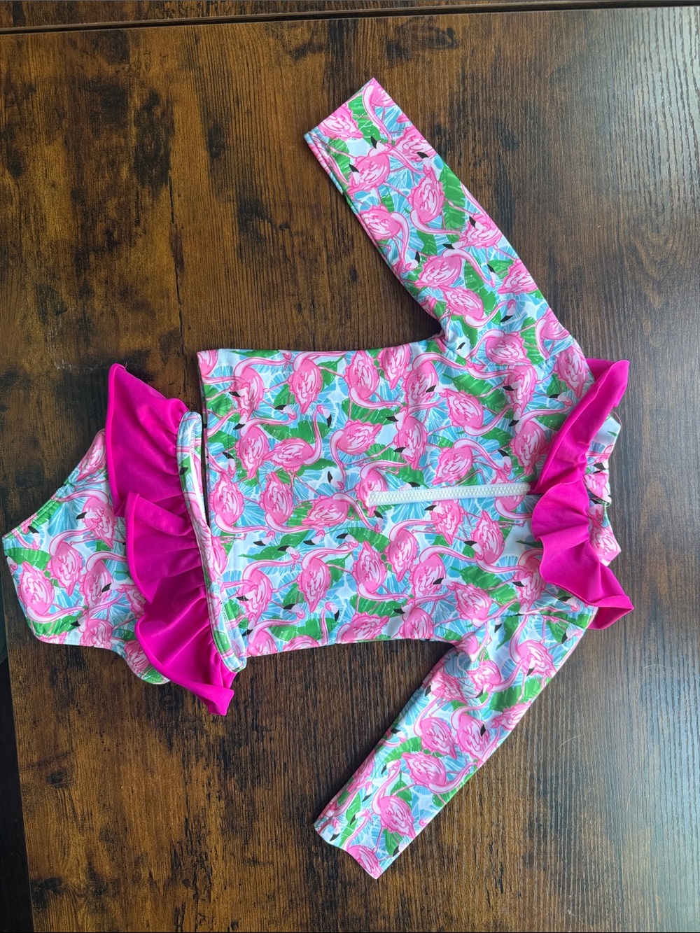 Girls Pink Flamingo Ruffle Rash Guard Two-Piece Swim Set - Picture 2 of 3